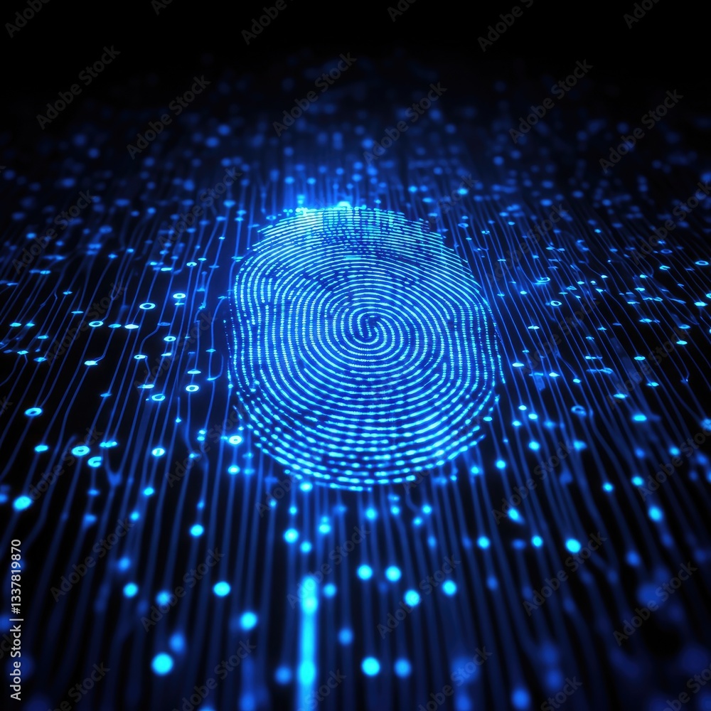 Poster abstract digital fingerprint on a futuristic circuit board representing cybersecurity and biometric 