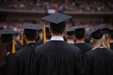 man in a graduation cap and gown standing in front of a large group of graduates