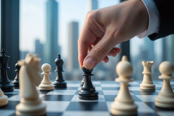 man in a suit playing chess on a chess board