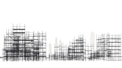 The image is a monochrome, high-contrast representation of a cityscape depicted through the abstract rendering of numerous scaffolding structures.  The scaffolding elements vary in height and