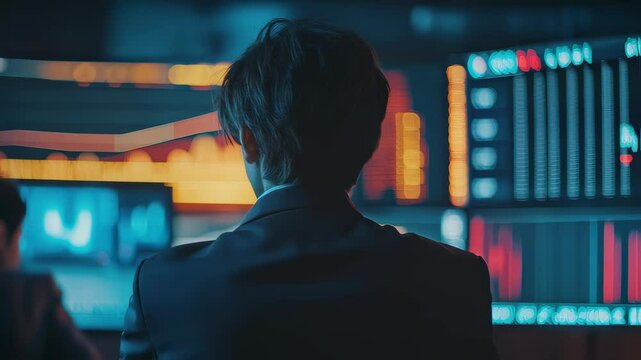 Man broker analyzing stock market chart and performance forecast from behind &ndash; in-depth view of financial trends, investment strategy, and market analysis