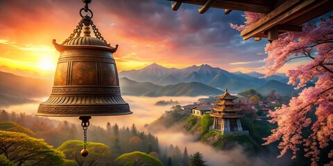 Obraz premium Serene Ancient Bell: Double Exposure of Buddhist Temple and Peaceful Nature