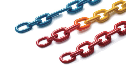 Fototapeta premium Close-up shot of three plastic chains in red, yellow, and blue. The chains are arranged parallel to each other against a clean white background. The image is sharply focused, highlighting the