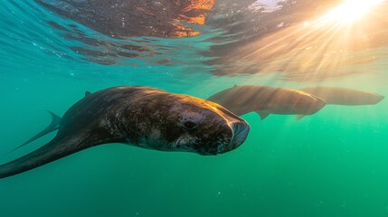 Obraz premium Underwater Scene with Manatees Surrounded by Sunlight and Water Bubbles