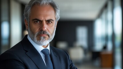 Fototapeta premium Portrait of a mature man with graying hair and beard, wearing a dark suit and tie, serious expression, arms crossed, shallow depth of field, indoor setting.