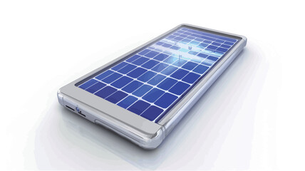 A 3D rendering of a smartphone with a solar panel on its back. The solar panel is blue and consists of numerous small square cells. The phone is silver and white, with a clean, minimalist design.