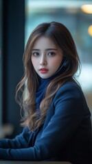 Fototapeta premium Young woman with long brown hair, wearing a dark blue blazer and turtleneck, sits near a window. Soft, natural light illuminates her face. The background is blurred.