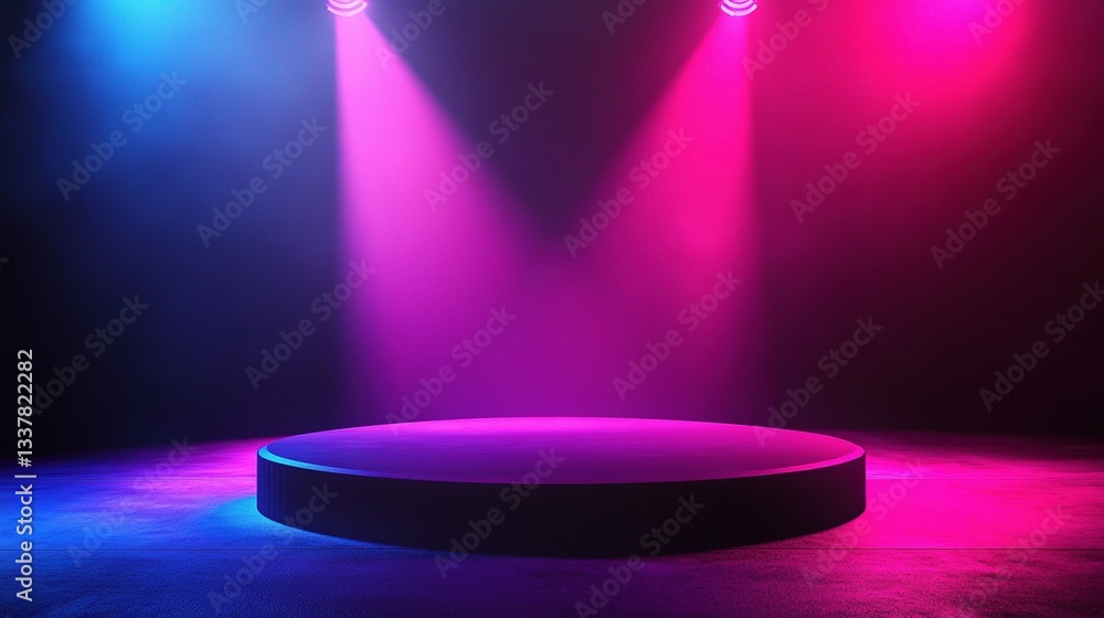 Poster illuminated dark podium on empty background with colorful lights