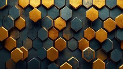 Abstract metallic gold and dark gray hexagon pattern background.