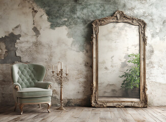 an antique floor mirror in an empty room with vintage walls and a grey tex