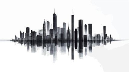 Naklejka premium The image is a stylized, monochrome illustration depicting a city skyline. The skyline is rendered in shades of gray and black, with various building heights suggesting a dense urban environment.