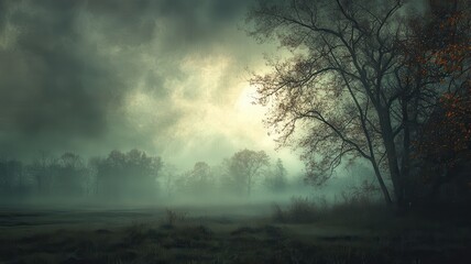 Obraz premium Foggy autumn forest sunrise, mystical mood, nature background