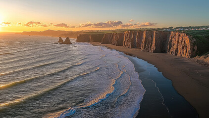 breathtaking coastal view sunset, showcasing dramatic cliffs, gentle waves, and serene beach. warm colors of sky reflect water, creating peaceful