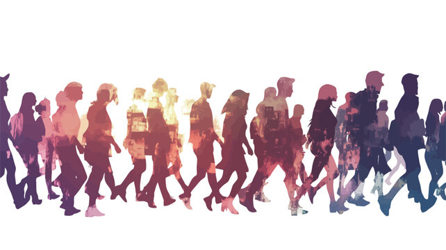 The image shows a horizontal arrangement of numerous human silhouettes walking in the same direction.  The silhouettes are depicted in varying shades of a warm color gradient, ranging from oranges