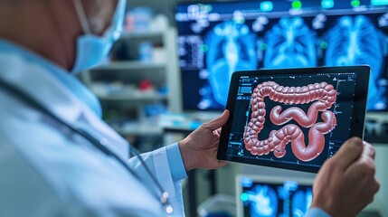Digital scan of human intestine and colon using advanced endoscopic imaging technology and medical diagnostic equipment in a healthcare facility or clinic setting