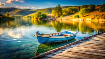 Fototapeta premium Serene Lakeside: Old Blue Wooden Boat on Calm Water, Tilt-Shift Photography