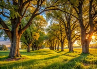 Fototapeta premium Serene Meadow Landscape: Sunlit Trees Encircling Open Field
