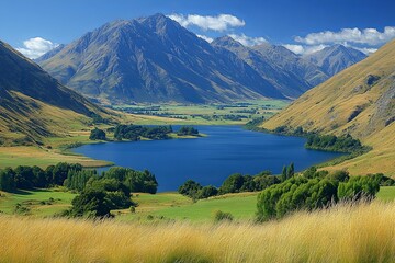 Lush green valley featuring a serene lake and majestic mountains