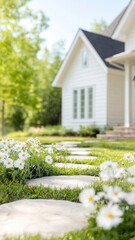 Naklejka premium picturesque front yard featuring stone pathways surrounded by blooming flowers, creating serene and inviting atmosphere. lush greenery and bright sunlight enhance beauty of home