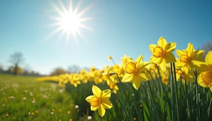 Sunlit meadow with yellow daffodils under blue sky. Spring flowers blooming in green grass field. Sunny day with vibrant colors, natural fresh idyllic floral landscape.