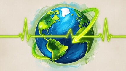 An artistic interpretation of a healthy world: Earth with a heartbeat line wrapped around it.