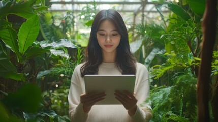 Fototapeta premium Young woman in cream sweater uses tablet amidst lush green foliage in a greenhouse. Soft natural light illuminates the scene. Serene atmosphere.