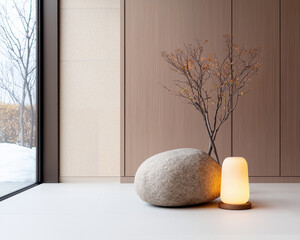 serene interior featuring large stone, minimalist lamp, and decorative branch, creating calming atmosphere. natural elements enhance tranquil ambiance