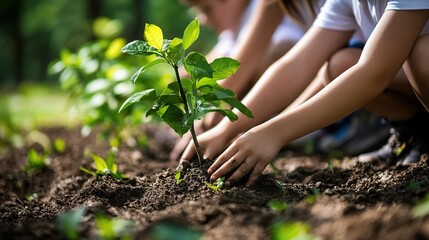 Students Engaged in Tree Planting Activity in Schoolyard Setting