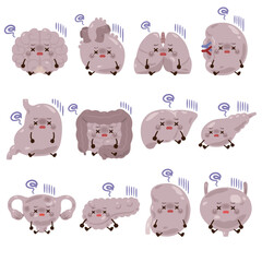 不健康で元気がない内臓のキャラクターイラストセット