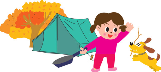 秋のキャンプでフライパンを持つ女の子と犬
