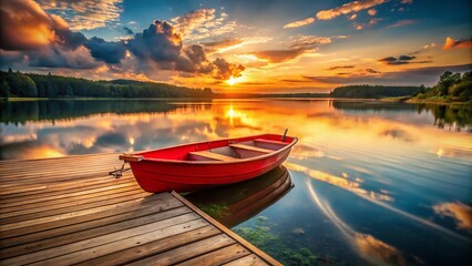 Serene Sunset: Red Rowboat Moored at Wooden Dock on Calm Lake