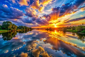 Serene Sunset River: Calm Waters Reflecting Vibrant Twilight Sky