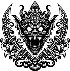 vector sketch illustration silhouette design icon logo zombie skull vintage with classic ethnic traditional carving details 