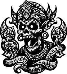 Fototapeta premium vector sketch illustration silhouette design icon logo zombie skull vintage with classic ethnic traditional carving details 