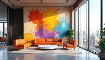 Modern office lobby features vibrant graffiti wall art with city view. Interior orange sofas, indoor plants. Spacious corporate business reception area, contemporary colourful wallpainting, urban