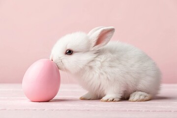 Fototapeta premium Fluffy Bunny Sitting Beside a Pink Easter Egg.