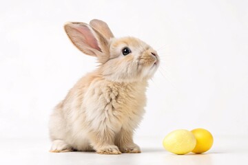Fototapeta premium Bunny Beside Vibrant Easter Eggs on White Background.