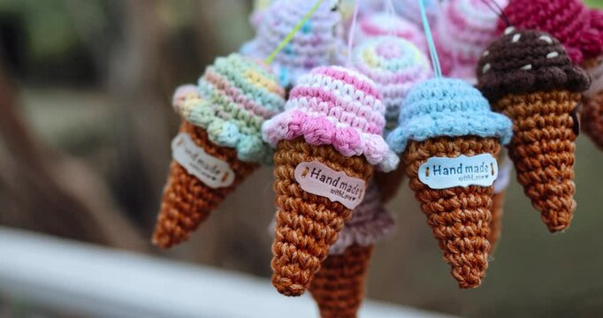 a Pile of Handmade Crochet Ice Cream Cones. Lovingly crafted Amigurumi Toys. Soft and colorful