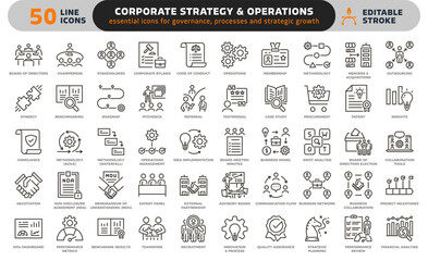 Corporate strategy and operations icon set. Thin line editable stroke icons for governance, leadership, business growth, synergy, workflow, and consulting.