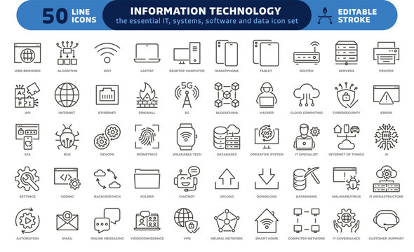 Information Technology icon set. Thin line editable stroke icons for IT, technology, systems, software, networks, cybersecurity, data analytics, AI and cloud computing