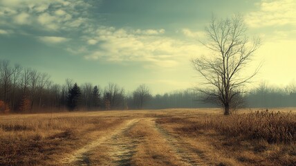 Obraz premium Lonely tree autumn field path misty sunrise landscape