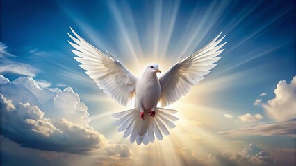 Fototapeta premium Serene White Dove in Flight - Peaceful Blue Sky Background Stock Photo