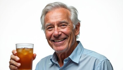 Happy elderly man holds glass with cold iced tea lemonade. Smiling senior male drinks beverage, enjoys refreshment. Thirsty mature model with positive emotion isolated on white background.