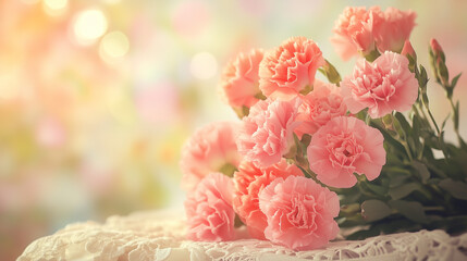 Vibrant bouquet of pink carnations and roses on lace, radiating warmth and heartfelt emotion.