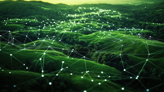 Digital network overlay on lush green hills illustrating connectivity in rural landscapes at sunrise