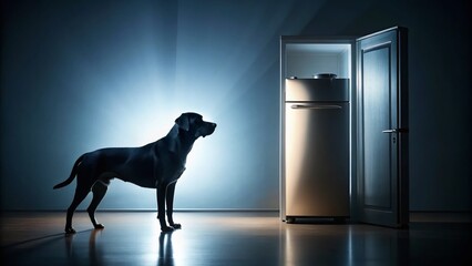 Silhouetted Fat Dog Before Refrigerator - Funny Pet Stock Photo