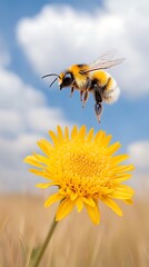 Bumblebee Hovering Over Yellow Flower.