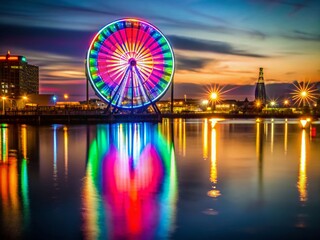 Silhouetted Ferris Wheel on City Pier, Night Lights Reflecting on Water