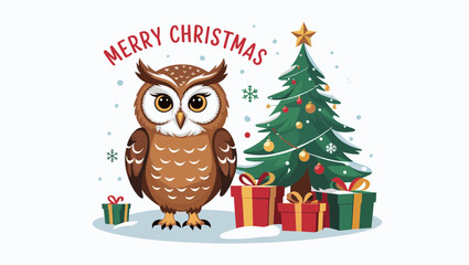 A festive illustration featuring an owl beside a decorated Christmas tree with colorful presents, accompanied by the text "Merry Christmas.