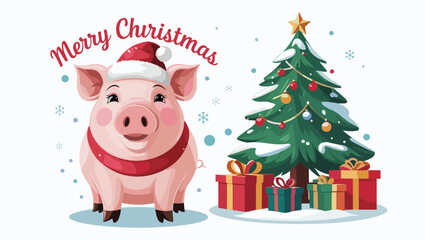 A festive illustration featuring a cheerful pig wearing a Santa hat beside a decorated Christmas tree with gifts and a "Merry Christmas" greeting.